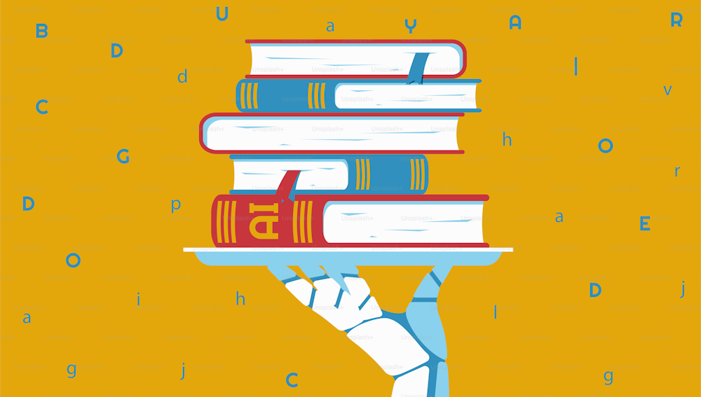 Robotic hand holding stack of books on a tray. Artifical intelligence technologies, generated text concept. Vector illustration.