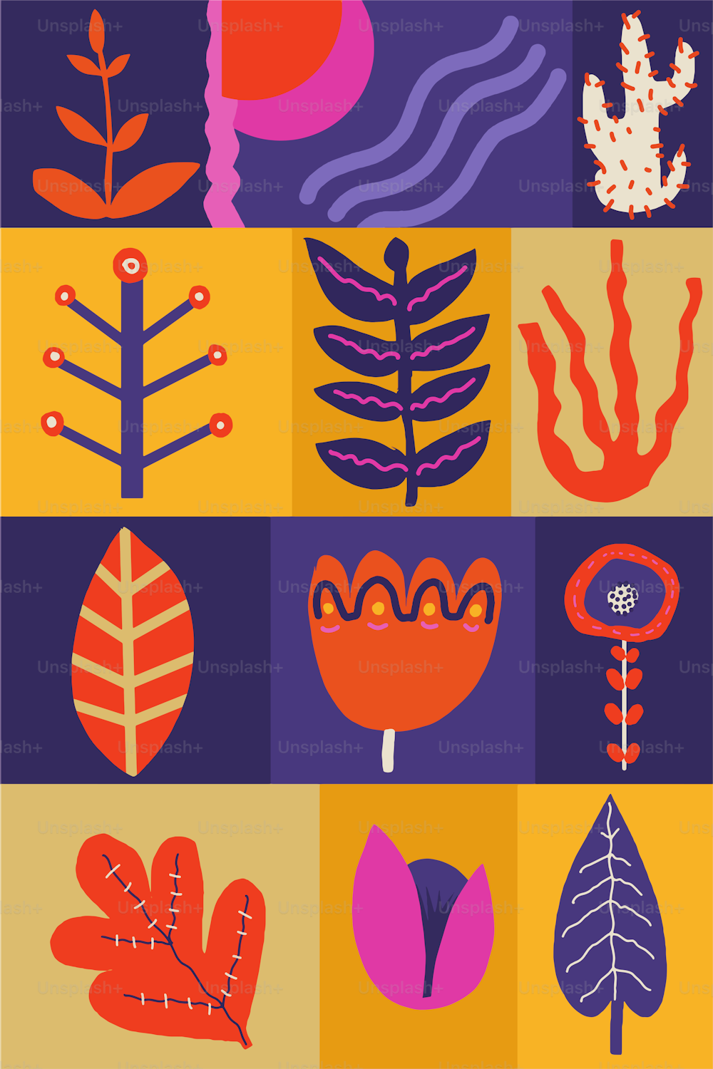 Cutely designed leaves and plants in lively colors