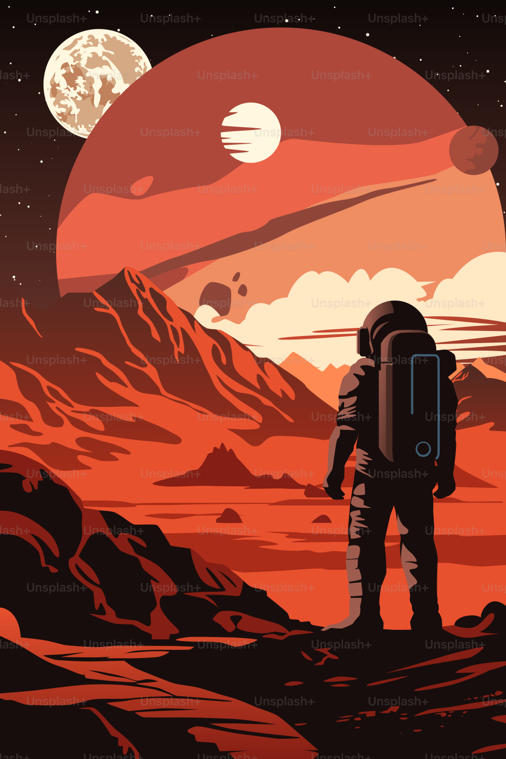 Human Space Colonization Poster. An Astronaut on the Surface of a Wild Planet. Strange Skies with Moons and Asteroids.