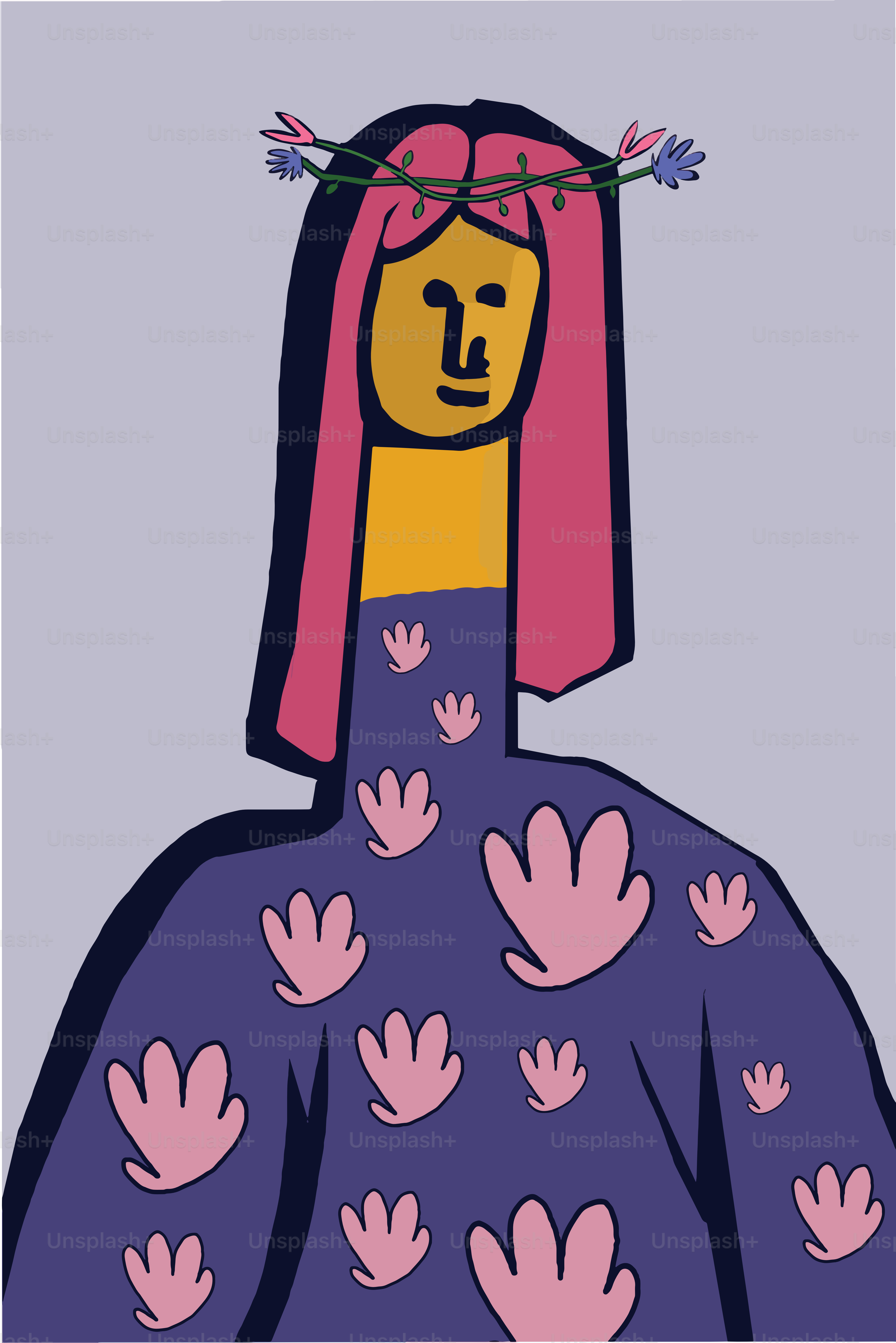 Concetto di cubismo - una giovane donna con fiori tra i capelli e un motivo simile sull'abito