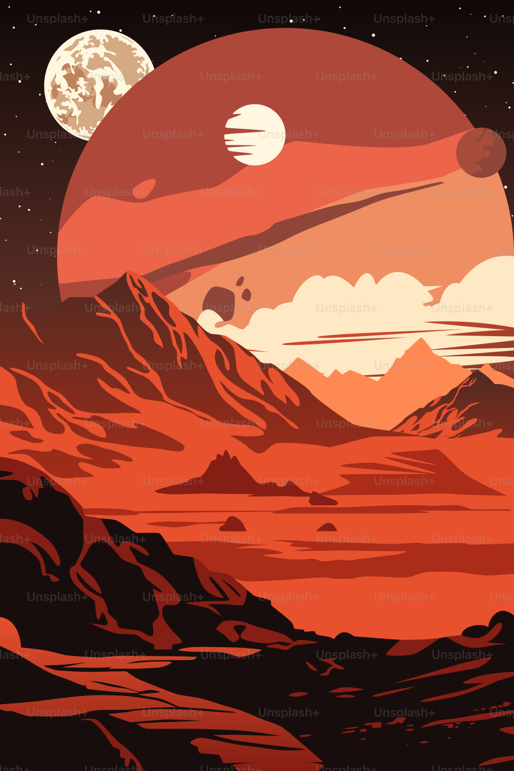 Space Poster. Surface of a Wild Planet. Strange Skies with Moons and Asteroids.