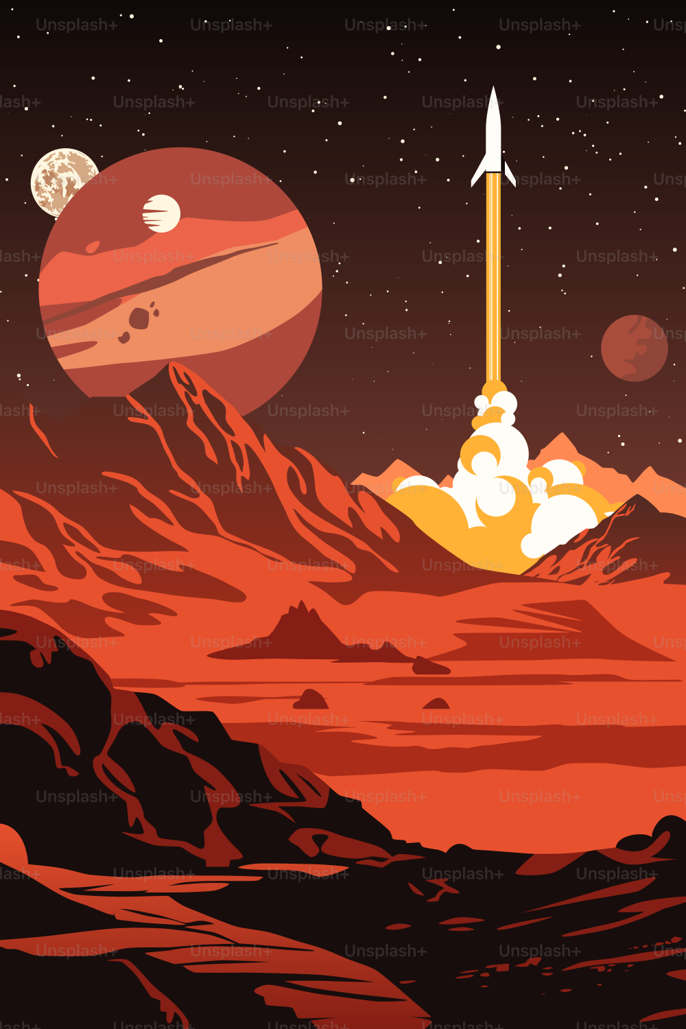 Cartaz da Colonização do Espaço Humano.  Superfície de um planeta selvagem. Céus estranhos com luas e asteroides. Uma nave espacial decolando.