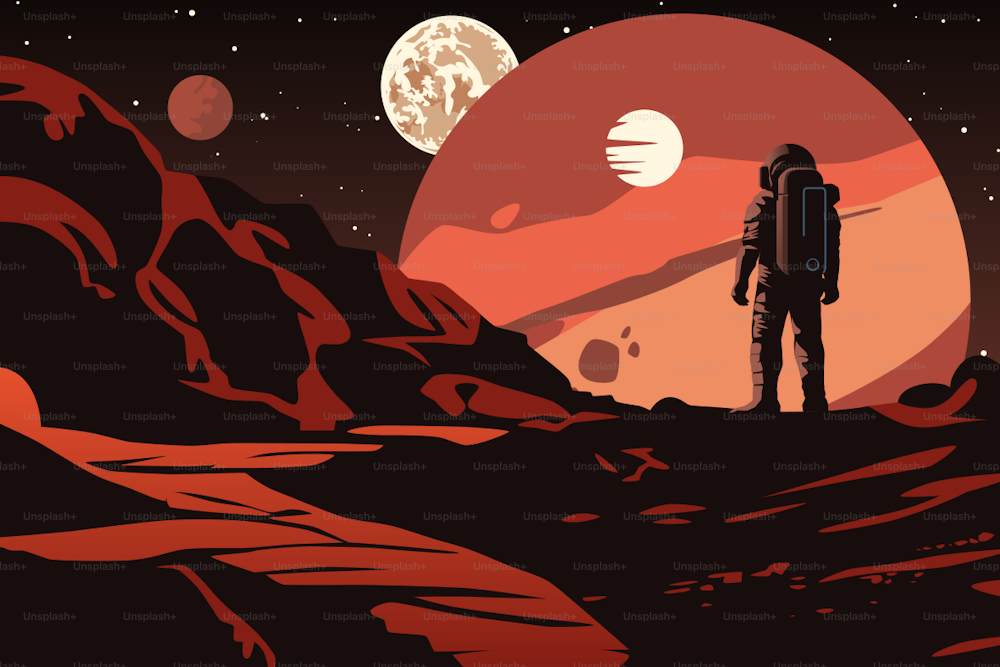 Poster zur Kolonisierung des bemannten Weltraums. Ein Astronaut auf der Oberfläche eines wilden Planeten. Seltsame Himmel mit Monden und Asteroiden.