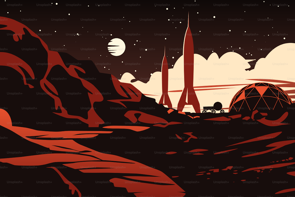 Human Space Colonization Poster. The Surface of Mars. Settlement with a Dome, a Buggy, and Two Spaceships against the Skies with the Distant Sun.