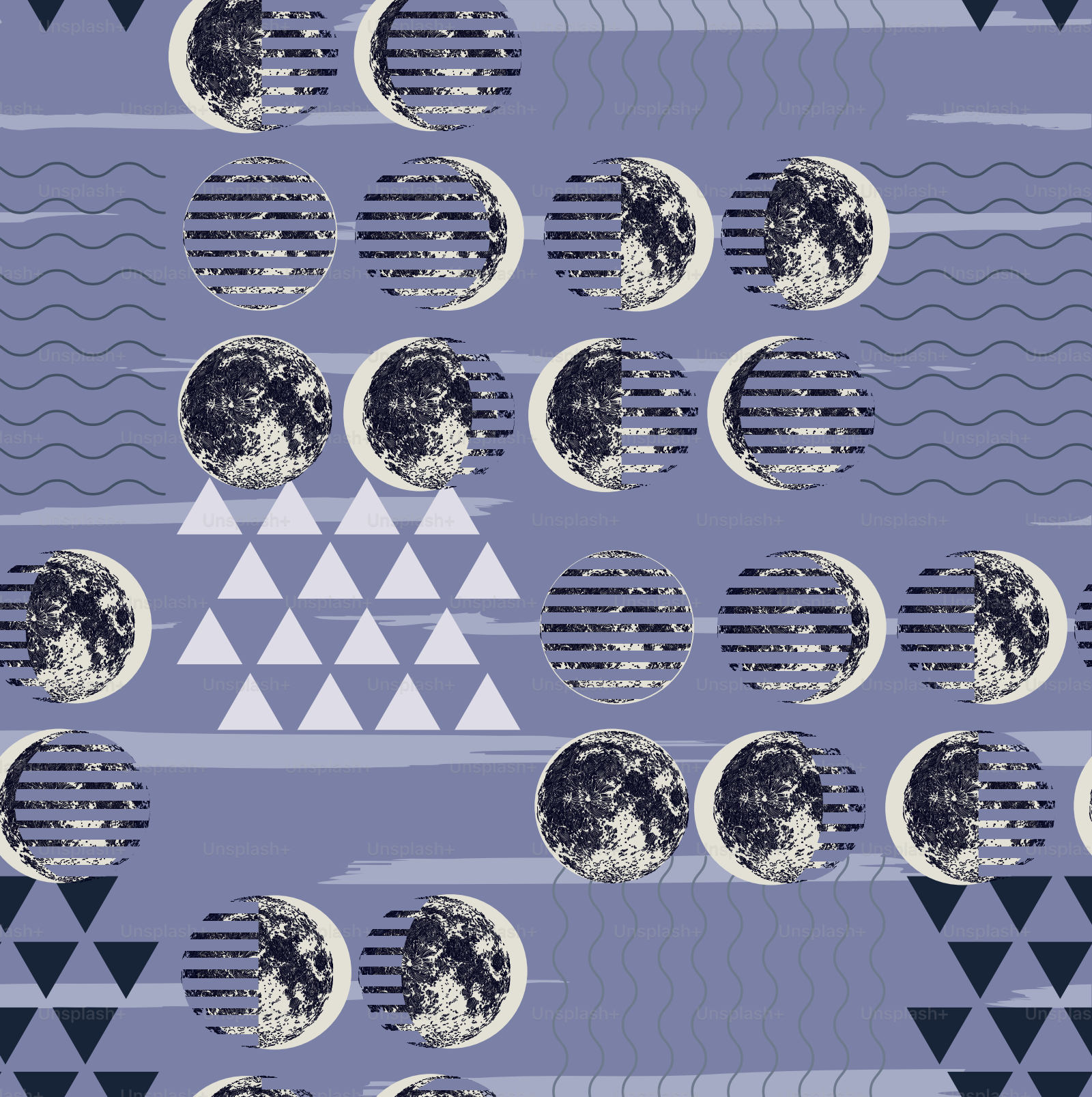 Um padrão de fundo geométrico e fresco, sem costuras, com uma arte de linhas vintage de fases da lua contra uma grade de triângulos e linhas onduladas e listras.