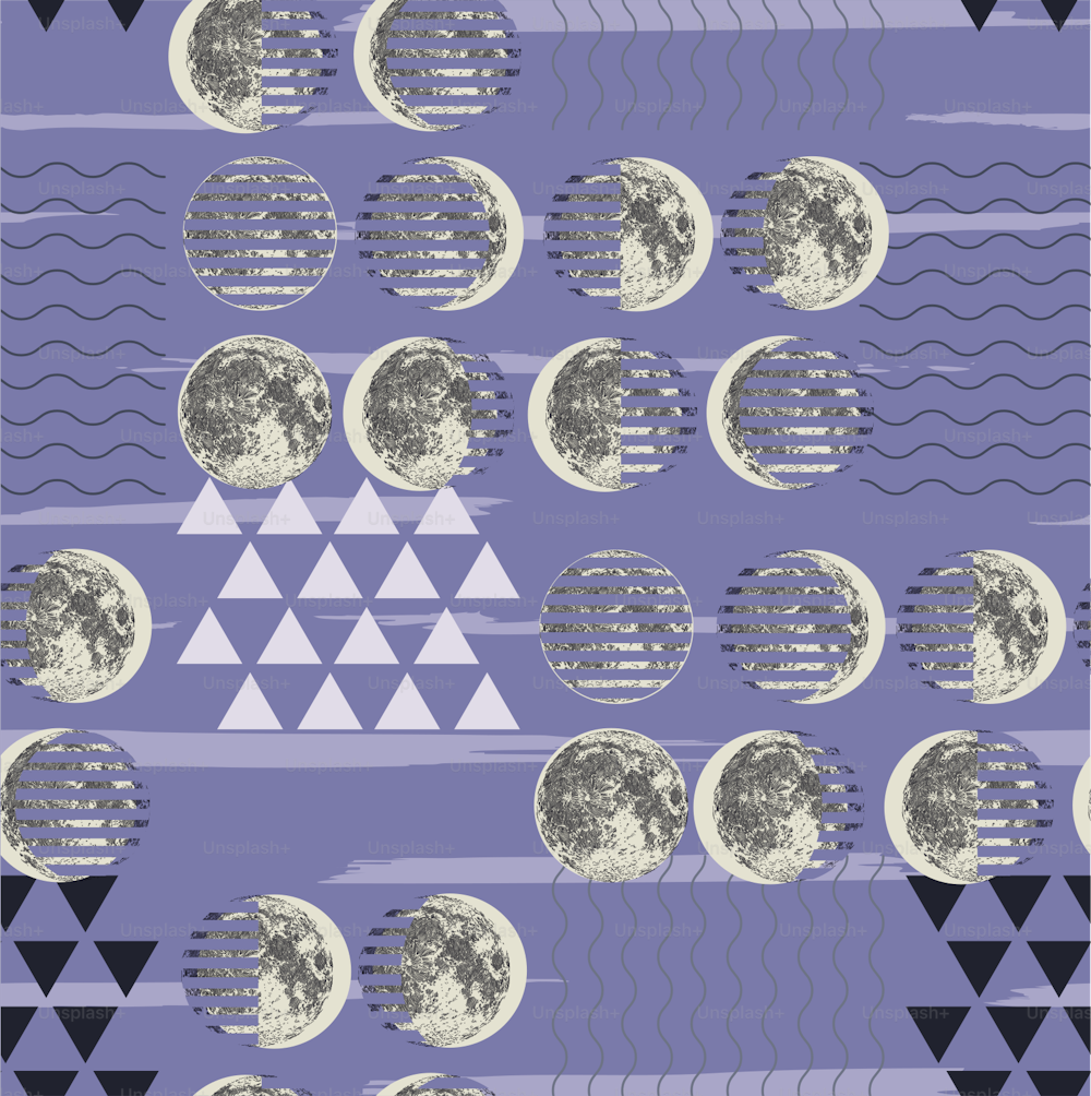 A cool, geometric background seamless pattern, featuring vintage style line artwork of moon phases against a grid of triangles and wavy lines and stripes.