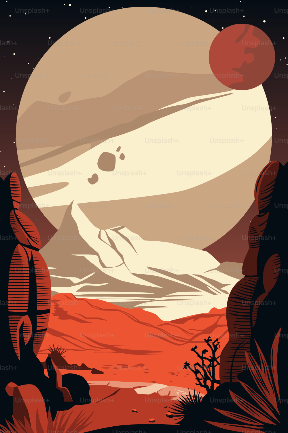 Weltraum-Poster.  Landschaft eines fernen, unbekannten roten Planeten da draußen. Dunkler Himmel mit einem riesigen Mond und einem Asteroiden. Sterne neuer Galaxien.