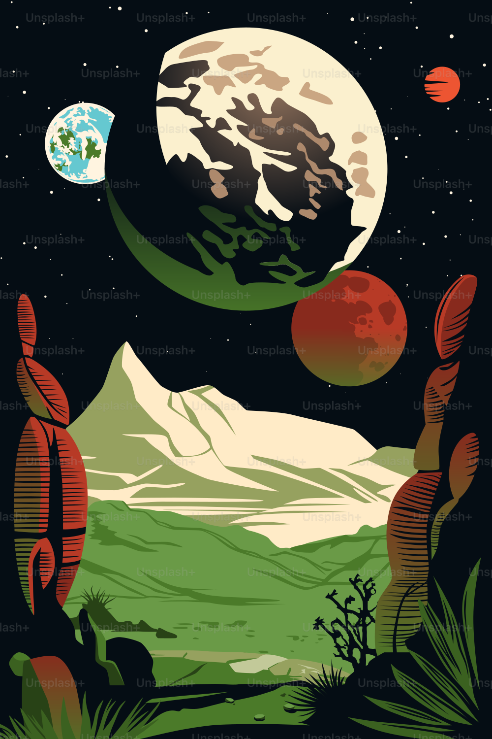 Weltraum-Poster.  Landschaft eines fernen, unbekannten grünen Planeten da draußen. Dunkler Himmel mit Monden und Asteroiden. Sterne neuer Galaxien.