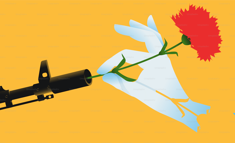 Hand putting a red flower into a barrell of a gun. Peace concept, stop war. Vector illustration.