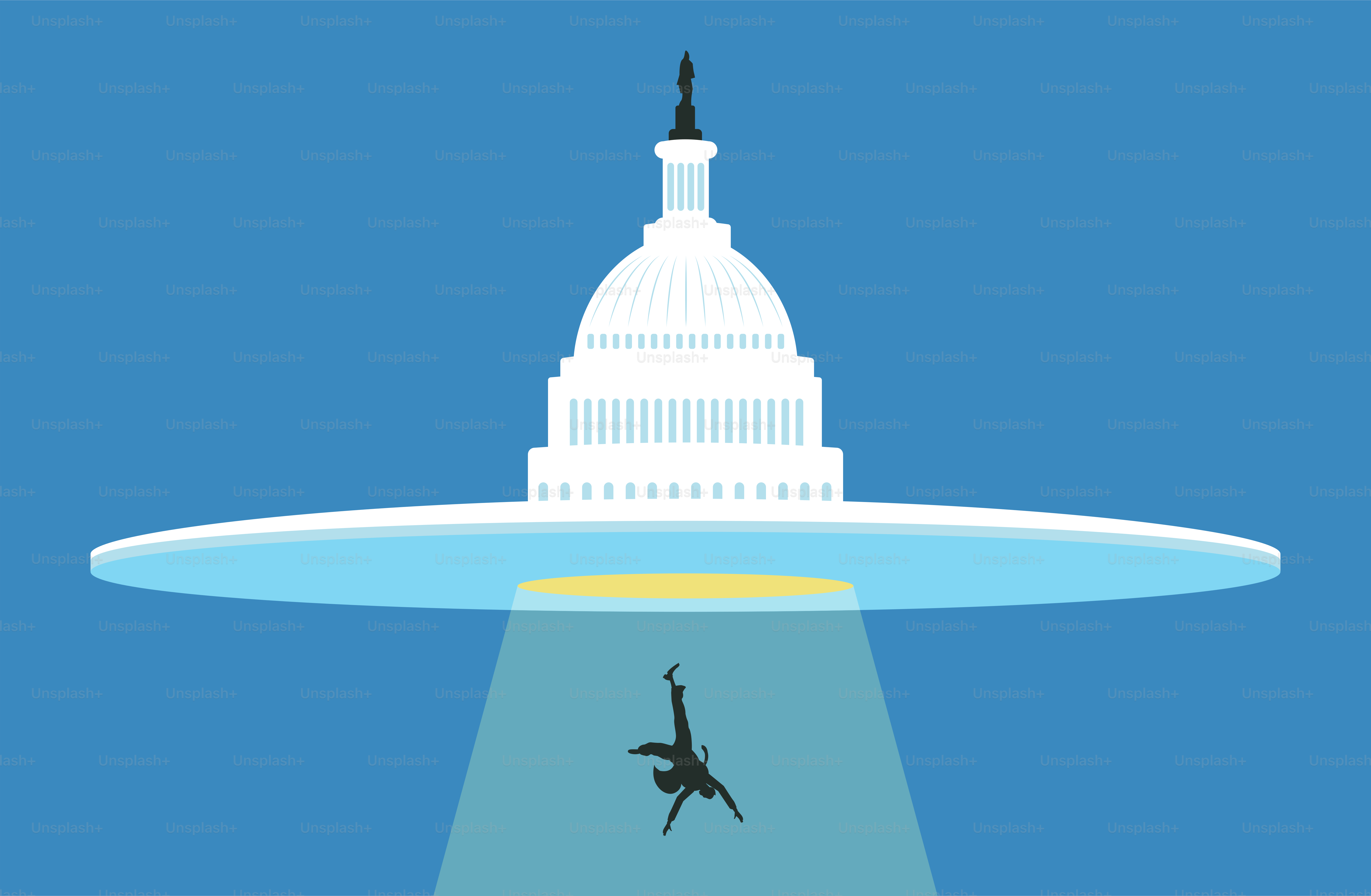 UFO looking like White house abducting a man. Conspiracy theory,  paranoia afunny concept.Vector illustration.