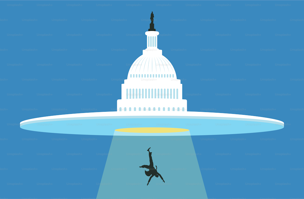 UFO looking like White house abducting a man. Conspiracy theory,  paranoia afunny concept.Vector illustration.