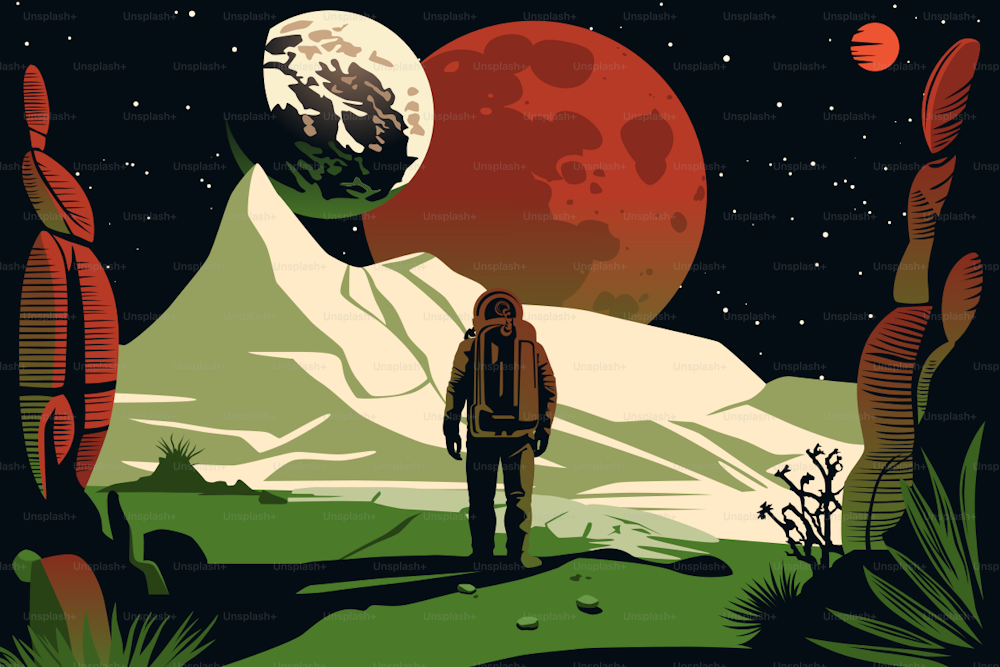 Human Space Colonization Poster. Astronaut-Explorer. Landscape of Distant Unfamiliar Green Planet Out There. Dark Skies with Moons and Asteroids. Stars of New Galaxies.