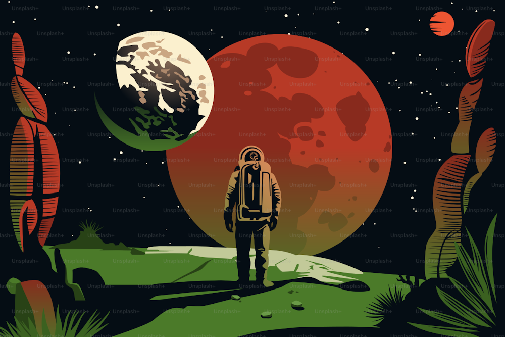 Human Space Colonization Poster. Astronaut-Explorer. Landscape of Distant Unfamiliar Green Planet Out There. Dark Skies with Moons and Asteroids. Stars of New Galaxies.