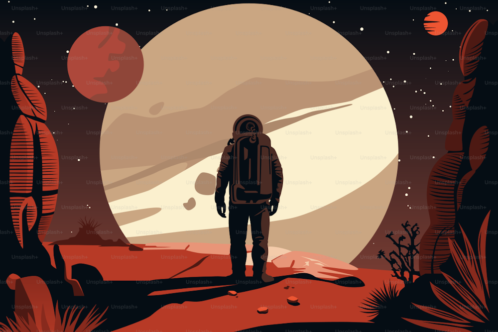 Human Space Colonization Poster. Astronaut-Explorer. Landscape of Distant Unfamiliar Red Planet Out There. Dark Skies with Moons and Asteroids. Stars of New Galaxies.