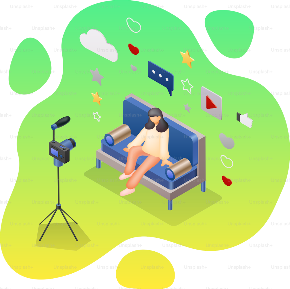 Live streaming video vlog. Woman broadcasting while sitting on the couch in front of a video camera. Isometric Vector illustration.