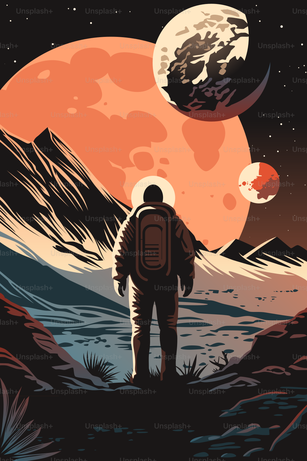 Human Space Colonization Poster. Astronaut on the Surface of Newly Discovered Planet Looking at Skies with Unfamiliar Moons and Asteroids.