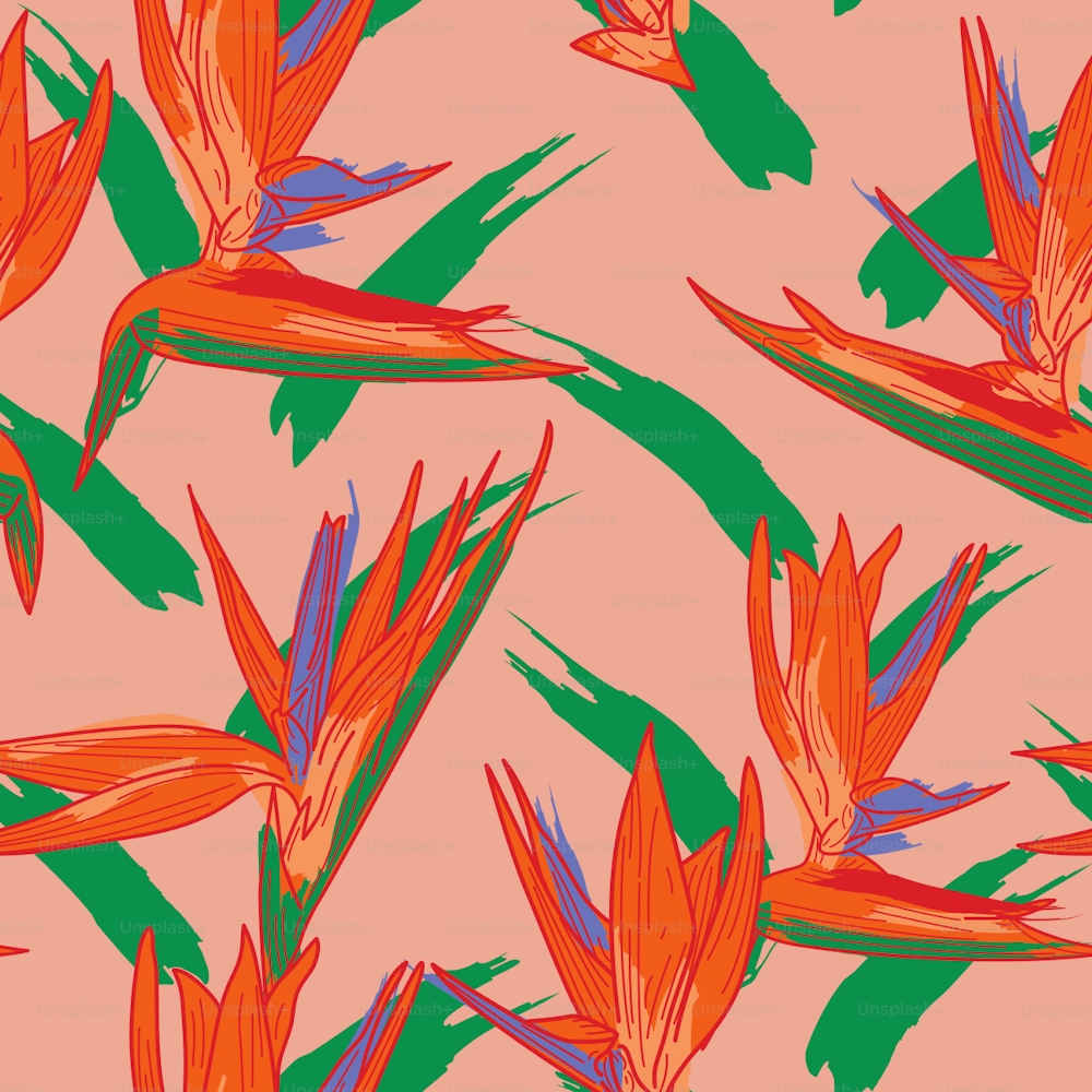 Un llamativo y colorido estampado floral de ave del paraíso que crea un divertido fondo sin costuras. ¡El estampado perfecto para una camisa hawaiana veraniega! Colores globales, fáciles de cambiar.