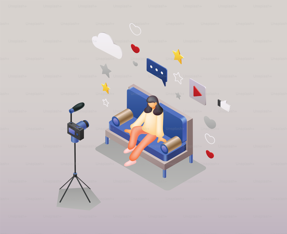 Live streaming video vlog. Woman broadcasting while sitting on the couch in front of a video camera. Isometric Vector illustration.