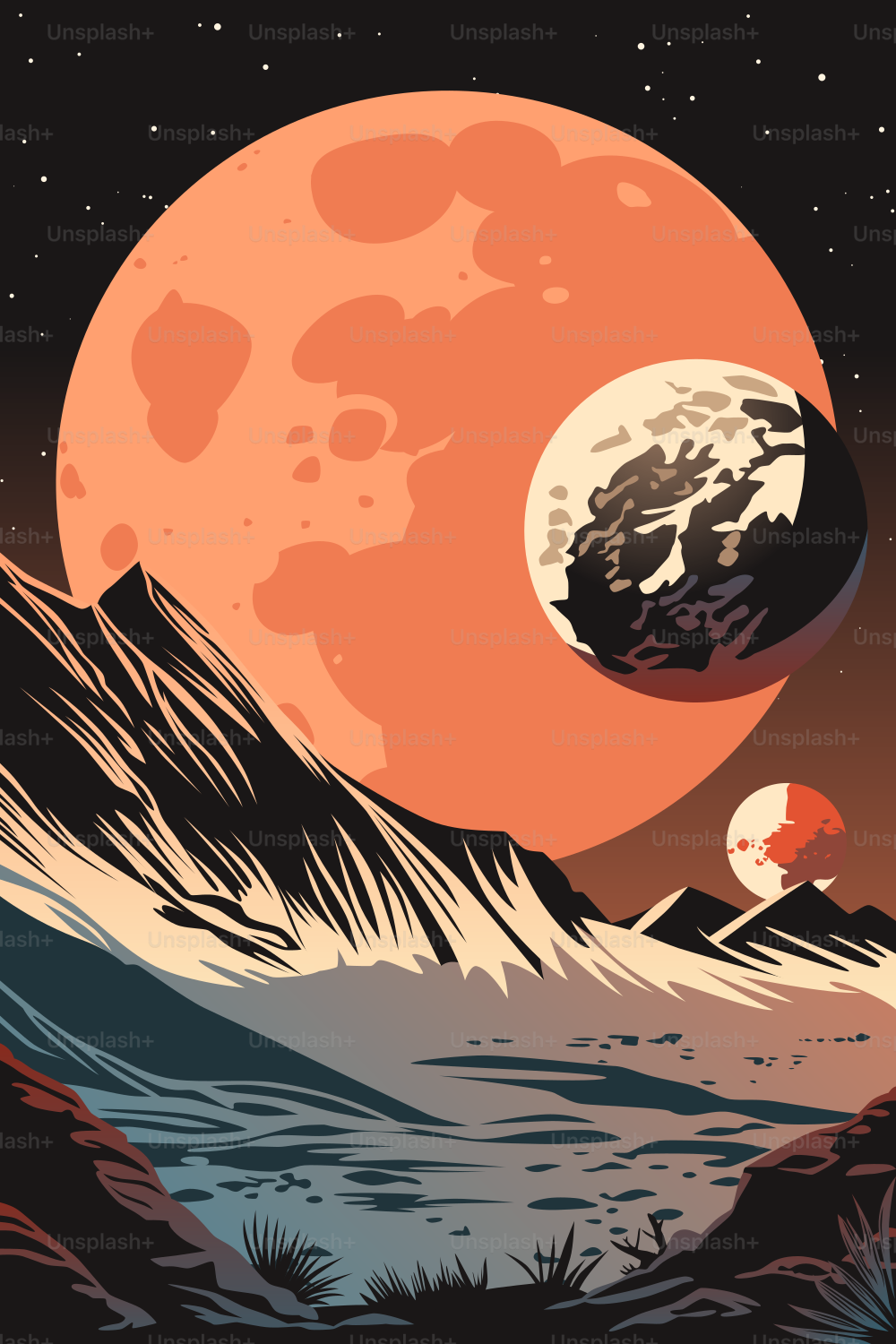 Space Poster. Surface of a Planet Out There. Strange Skies with Moons and Asteroids.