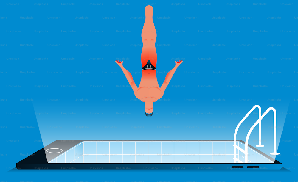 Nadador que se sumerge en un teléfono inteligente como en la piscina. Navegación, red social. concepto de estilo de vida digital. Ilustración vectorial.
