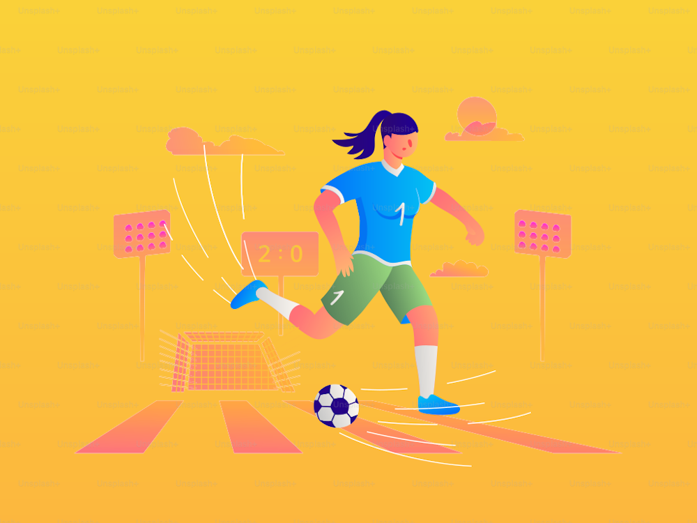 Female soccer. Woman dribbles on the soccer field. Vector illustration.