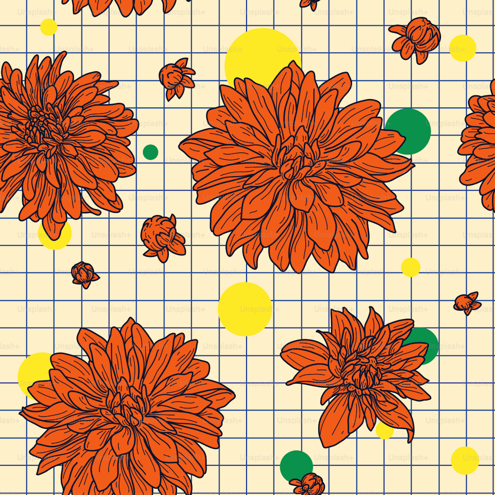 Ein sich wiederholendes nahtloses Chrysanthemen-Blumenmuster, perfekt für eine Tischdecke oder Tapete im Stil der 50er Jahre oder einen lustigen, von Vintage inspirierten Hintergrund. Globale Farben, einfach zu ändern.