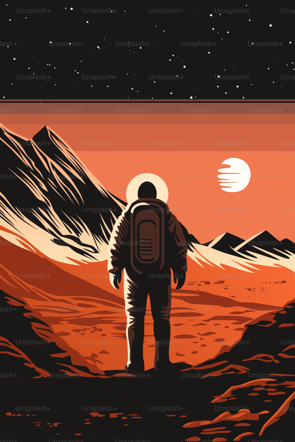 Human Solar System Colonization Poster. Astronaut on the Surface of Mars Looking at Skies with the Distant Sun.