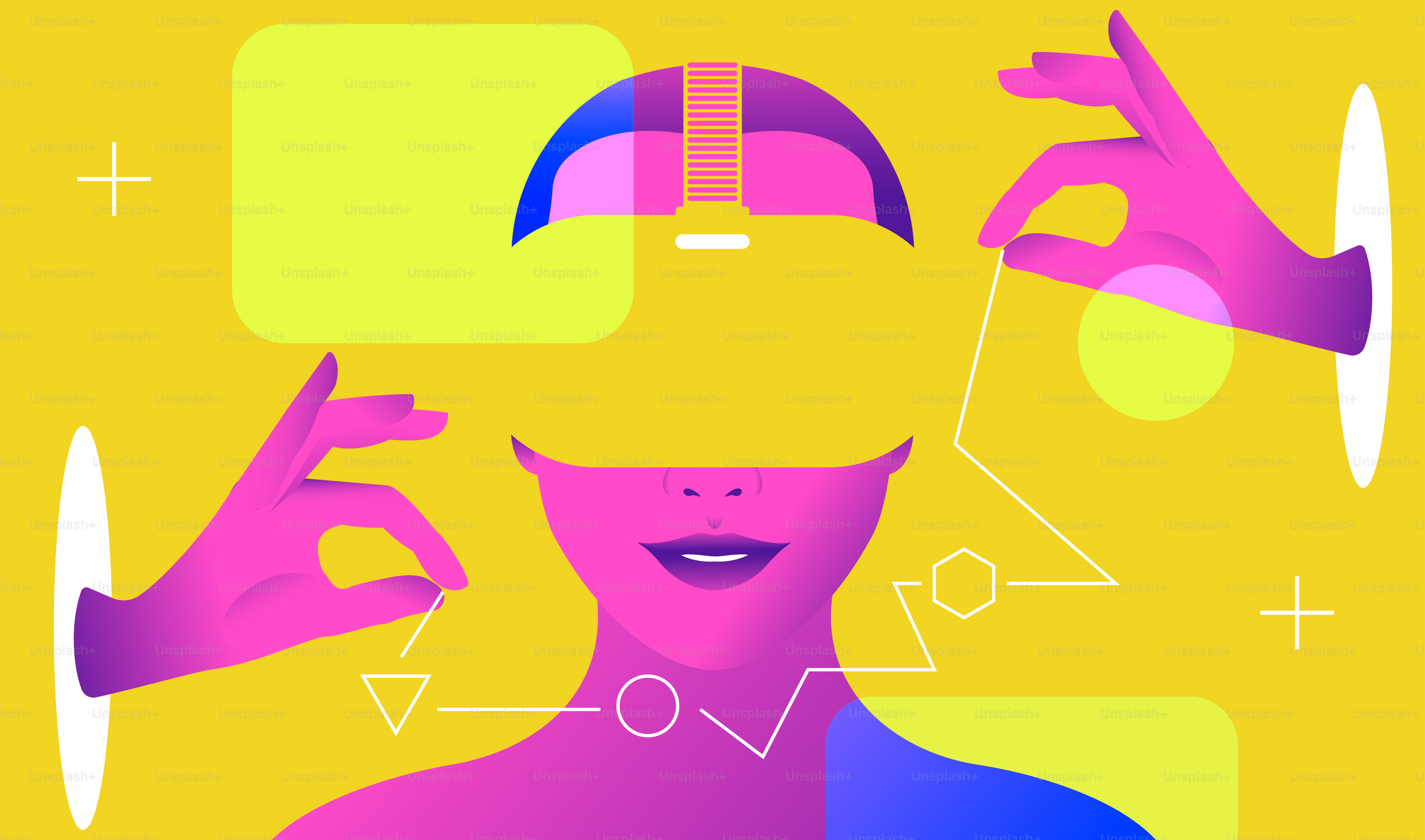 Frau in virtueller Realität, die mit geometrischen Objekten auf gelbem Hintergrund arbeitet. VR, künstliche Intelligenz, Big-Data-Konzept. Vektorillustration.