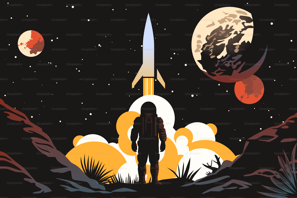 Human Space Colonization Poster. Astronaut on the Surface of Unfamiliar Planet Looking at Spaceship Taking Off Against the Strange Skies with Planets and Asteroids.