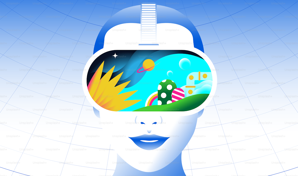 Beutiful woman in vr a headset looking on a vivid fantastic landscape. Gaming, virtual reality,