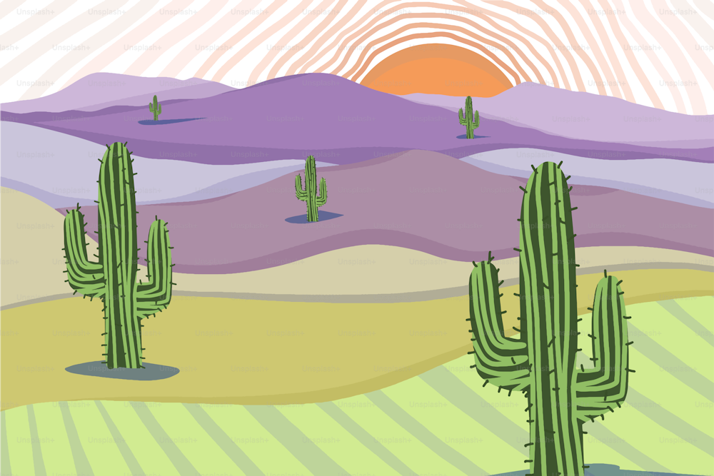 Ilustração de um deserto banhado pela luz quente do sol se pondo no horizonte