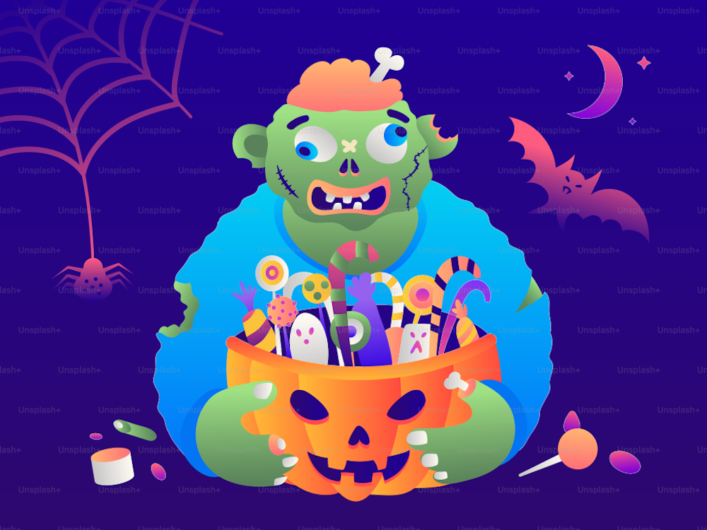 Halloween monster with candy in pumpkin. Vector illustration.
