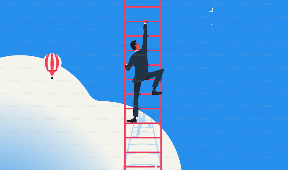 Man climbing up the ladder to the sky. Career, education, opportunities concept. Vector illustration.