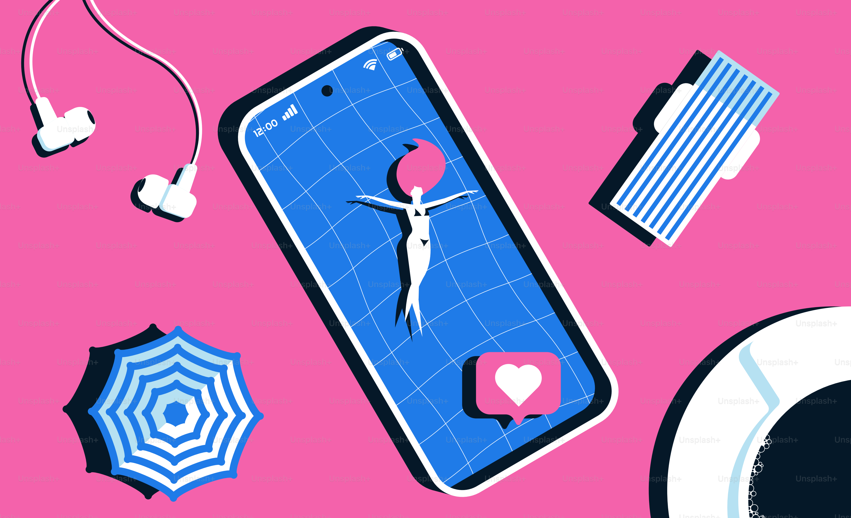 Wanita cantik berenang di smartphone. Aplikasi kencan online, teknologi dalam konsep kehidupan sehari-hari. Ilustrasi vektor.