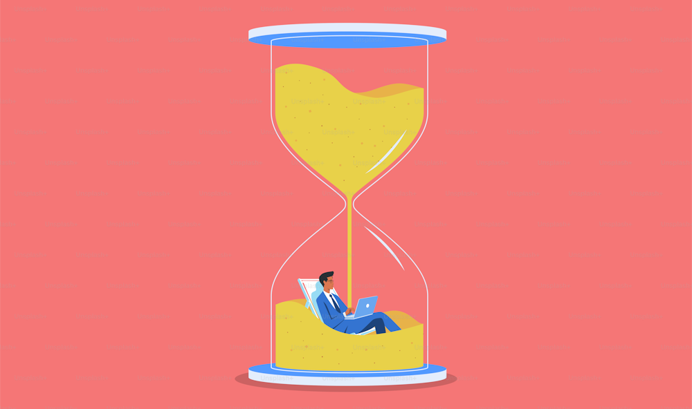 Man working on computer in hourglass. Passing of time, procrastination, time management concept. Flat vector illustration.