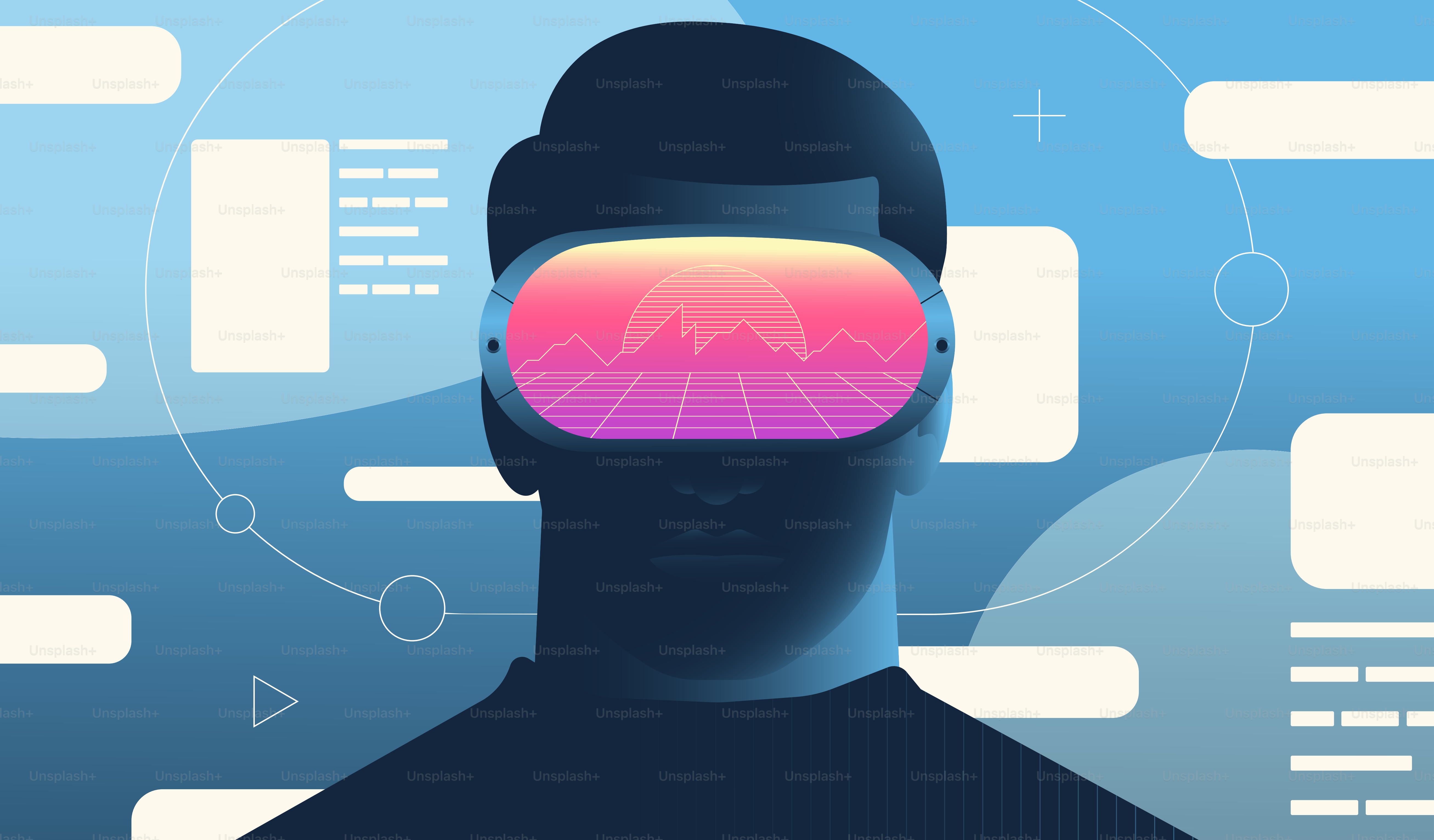 Uomo con gli occhiali VR. Realtà vitale, metaverso, concetto di tecnologie di intelligenza artificiale. Illustrazione vettoriale moderna.