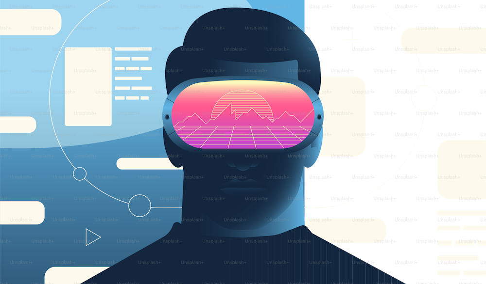 Man in vr goggles. VIrtual reality, metaverse, artifical intelligence technologies concept. Modern vector illustration.