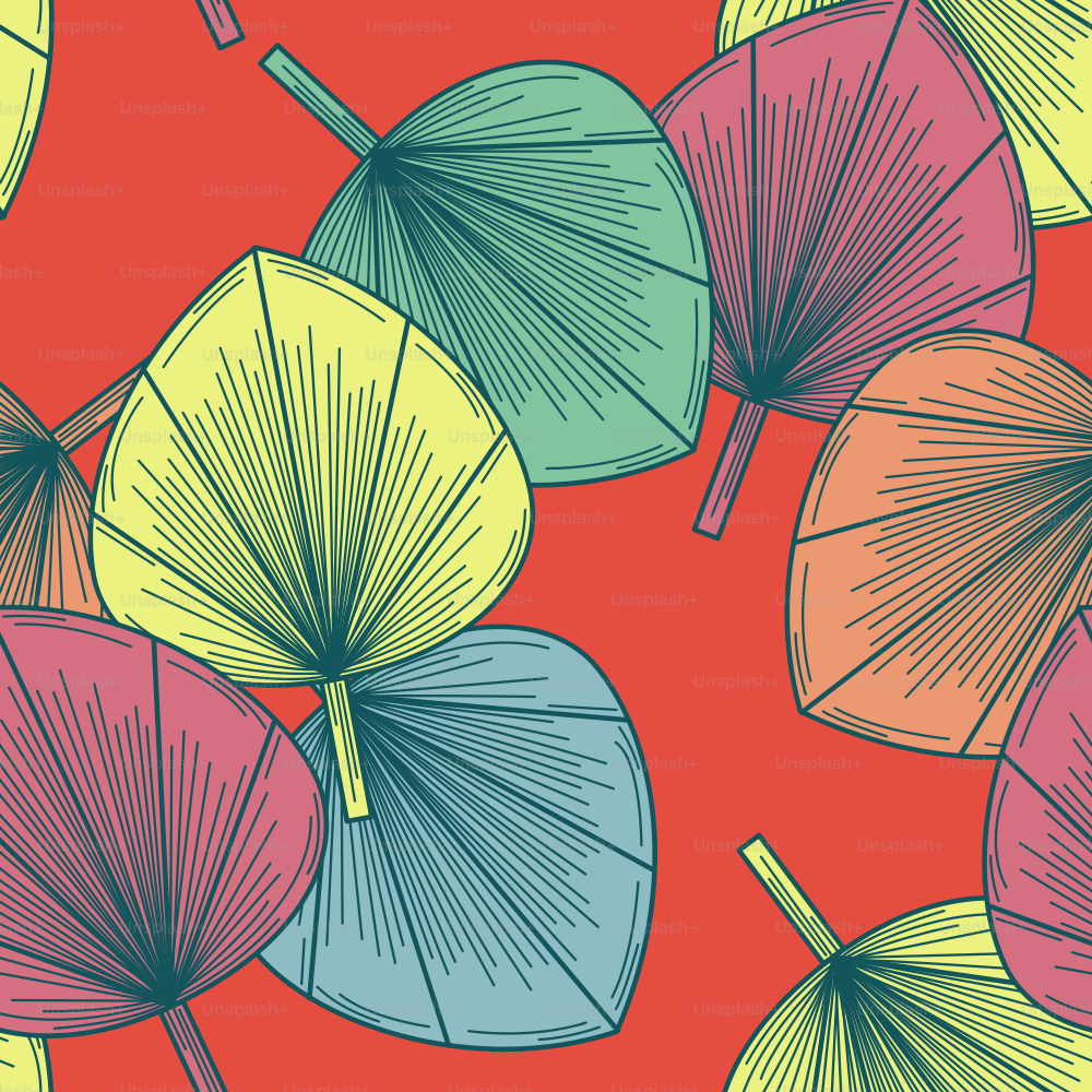 A simple geometric deco pattern of fan shaped leaves, scattered on a plain background. Seamless patterned background, global colours easy to change.