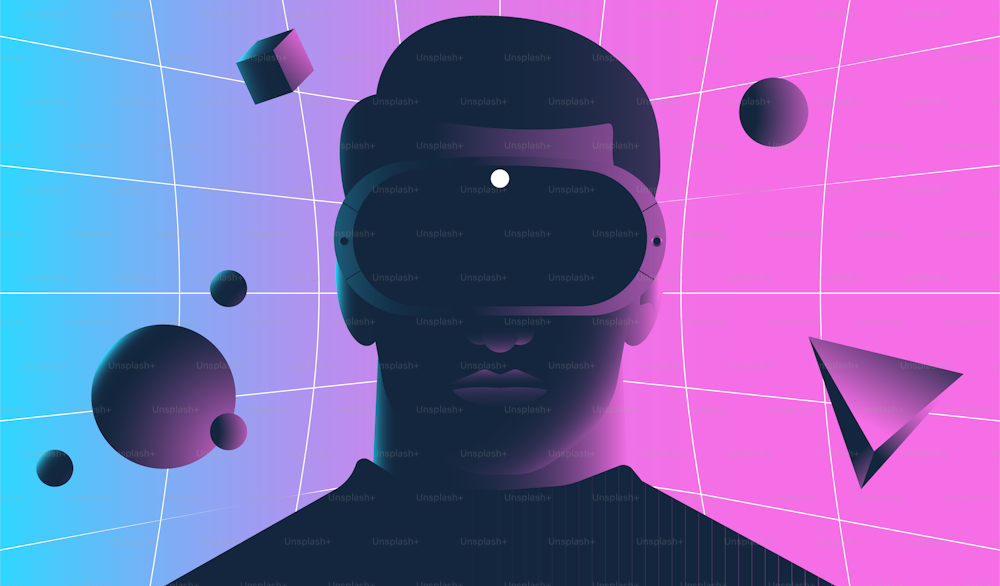 Man in vr headset on a glowing background with geometry objects. Virual reality, ai technologies, metaverse concept. Modern vector illustration.