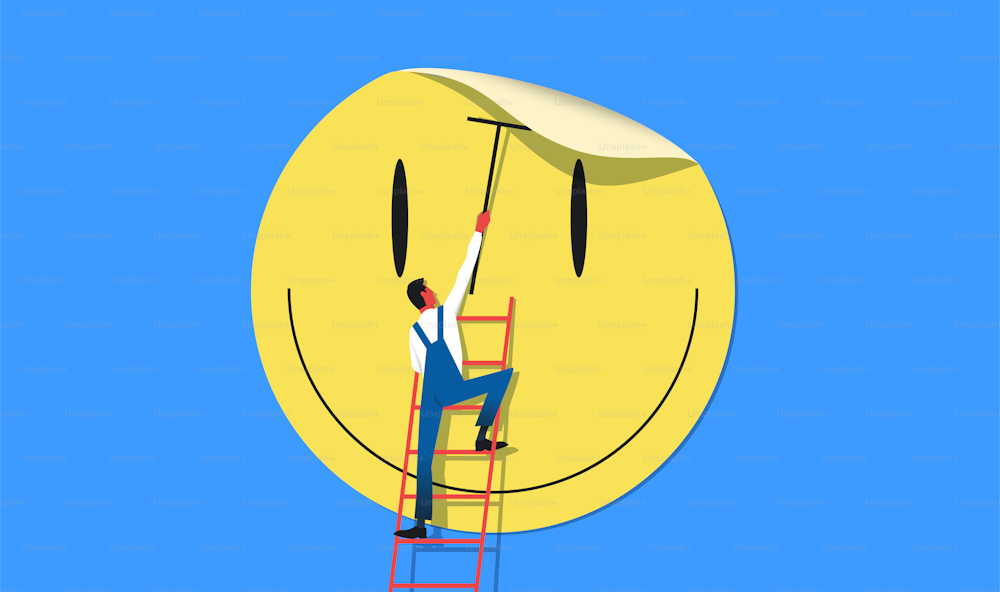 Man putting giant smile sticker on the wall. Happiness, joy, summertime concept. Flat vector illustration.