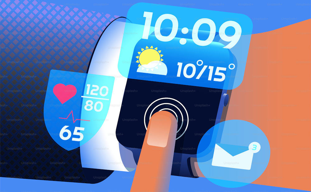 Hand with smartwatch and digital transparent displays. Technologies in daily life concept. Vector illustration.