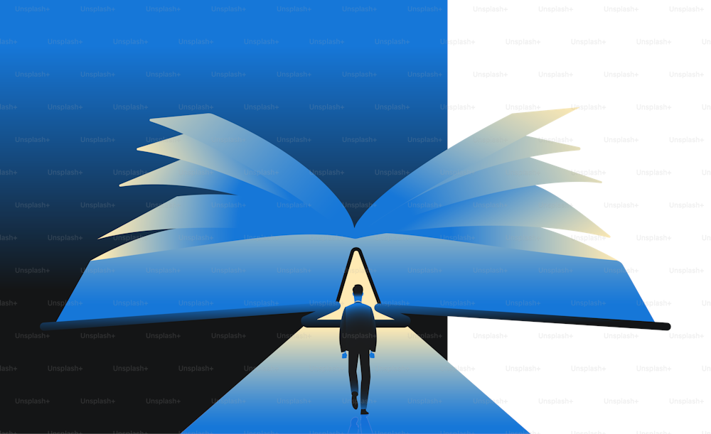 Man entering into a book. Reading, knowledge, education concept. Vector illustration.