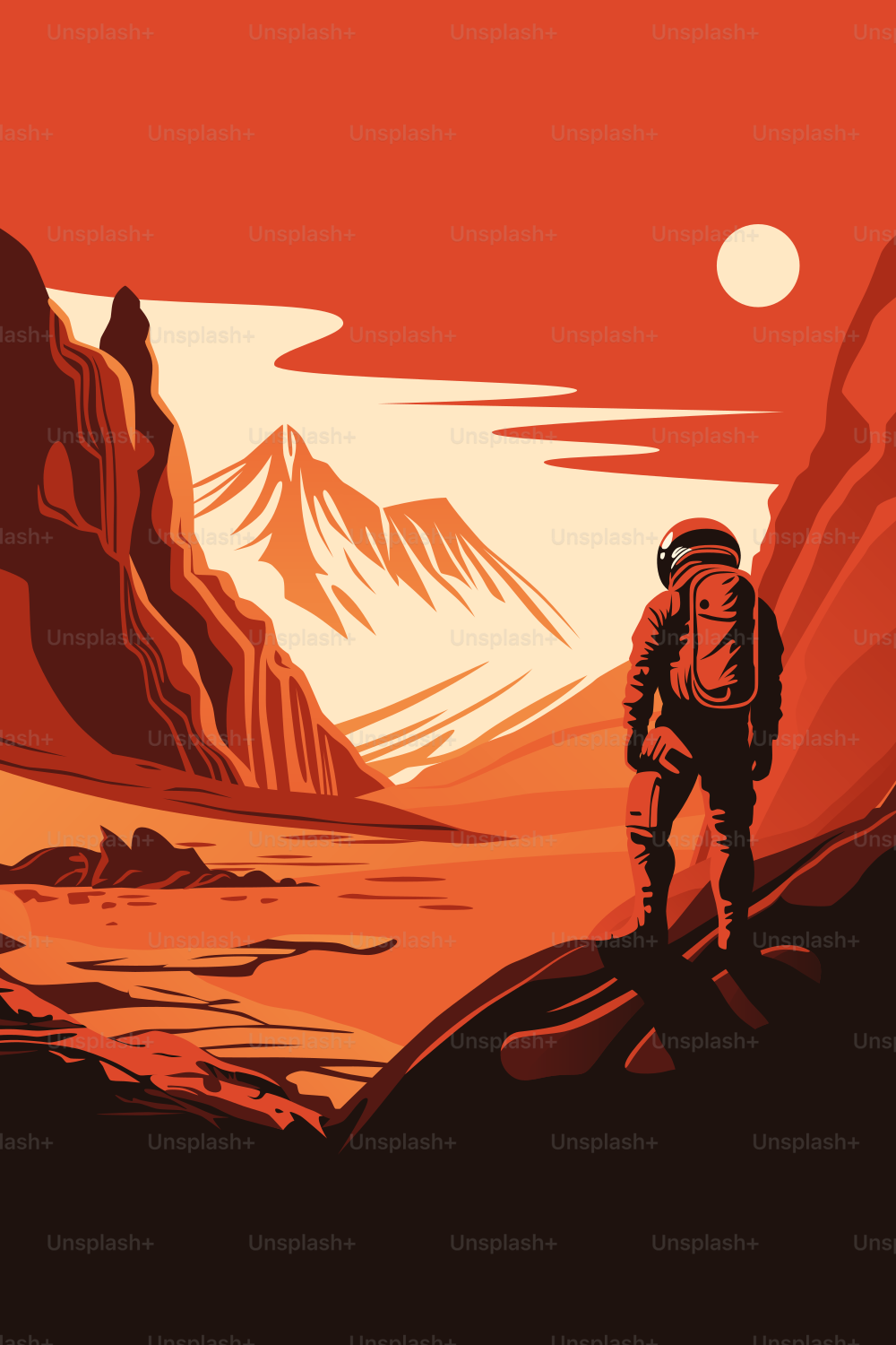 Mars Colonization Poster. Human Solar System Exploration. Astronaut on the Surface of the Red Planet, Looking at Its Landscape. Distant Sun in the Skies.