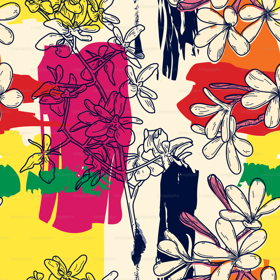 Un motivo di plumeria frangipani selvaggiamente luminoso e funky pennellato. Colori globali, facili da cambiare.