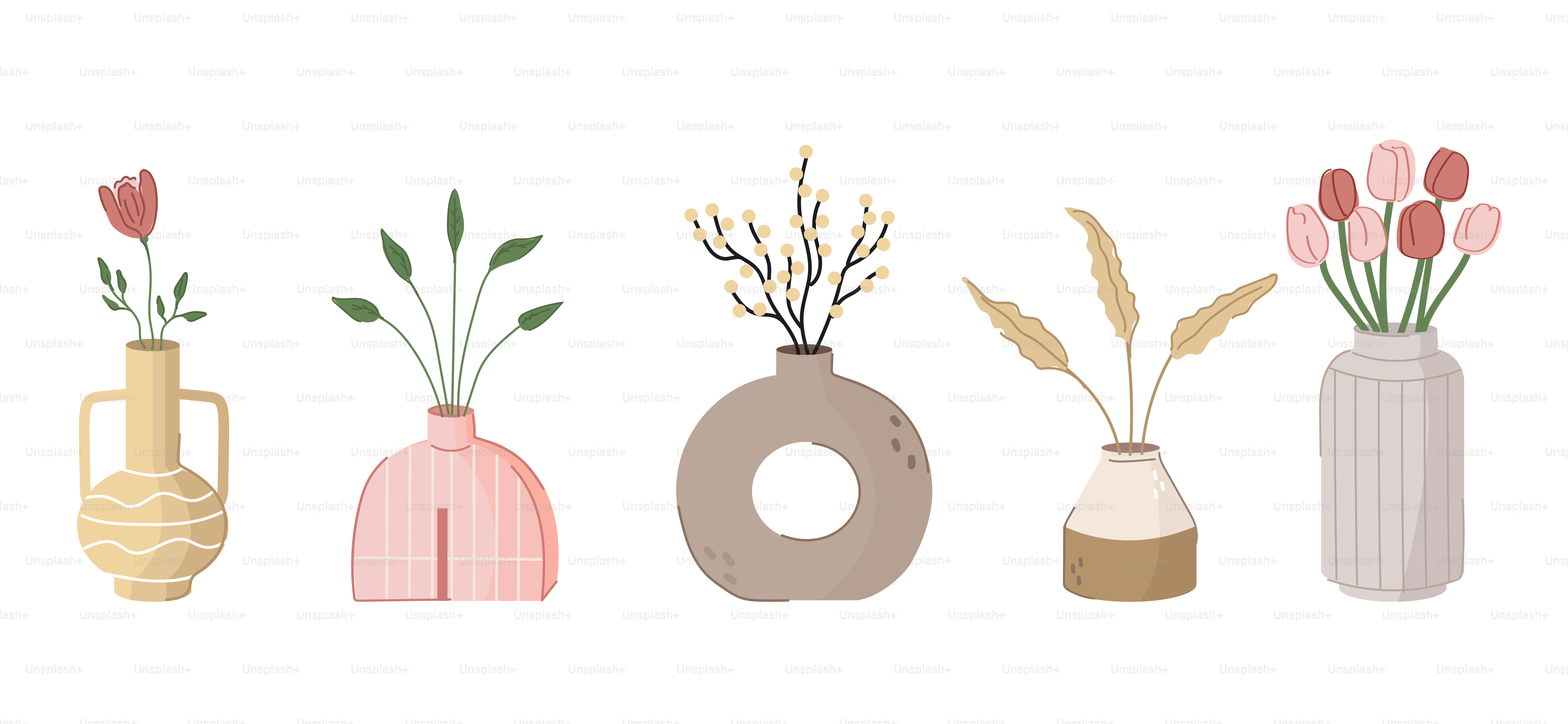 Cute cartoon style set of floral vases. Spring flowers in modern ceramic pots. Isolated on white.