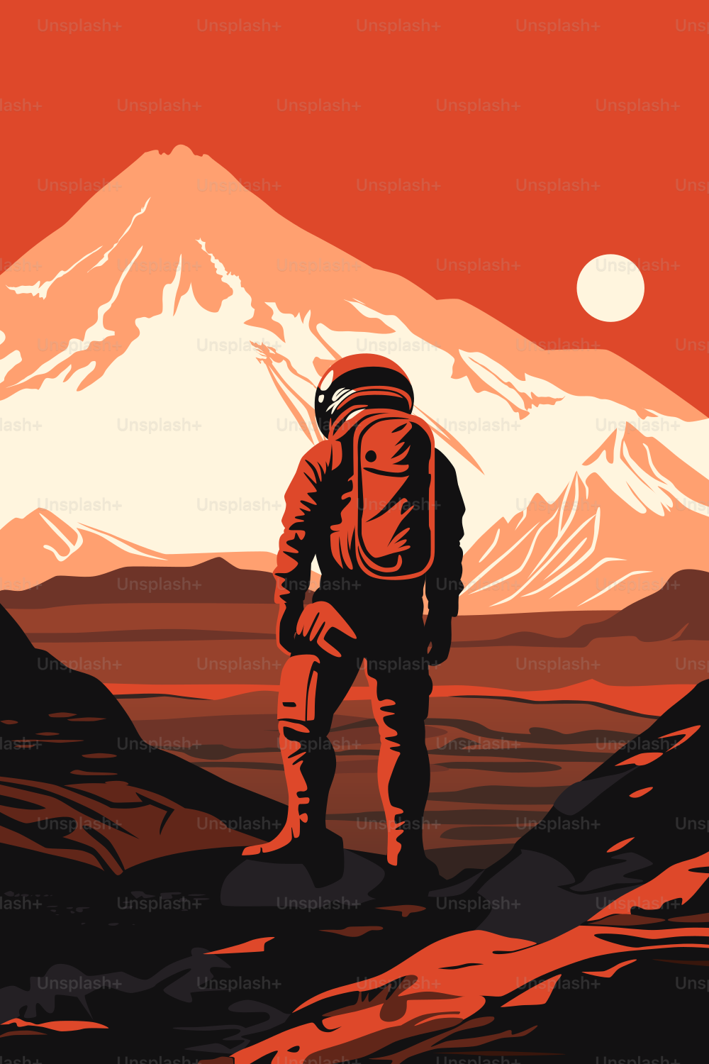Cartaz da Colonização de Marte. Exploração do Sistema Solar Humano. Astronauta na superfície do Planeta Vermelho, olhando para sua paisagem. Sol distante nos céus.