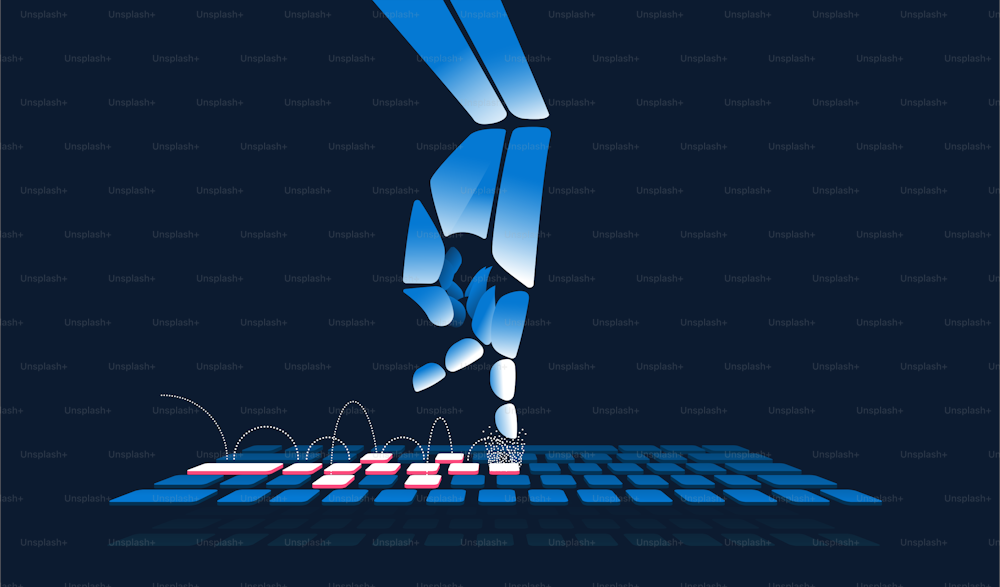 Mano robótica jugando a la rayuela en un teclado. Inteligencia artificial, generadores de texto, inteligencia artificial y concepto de problemas de trabajo. Ilustración vectorial.
