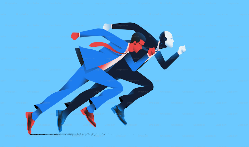 Man in suit and robot running a race. Artifical intelligence, singularity concept. Vector illustration.