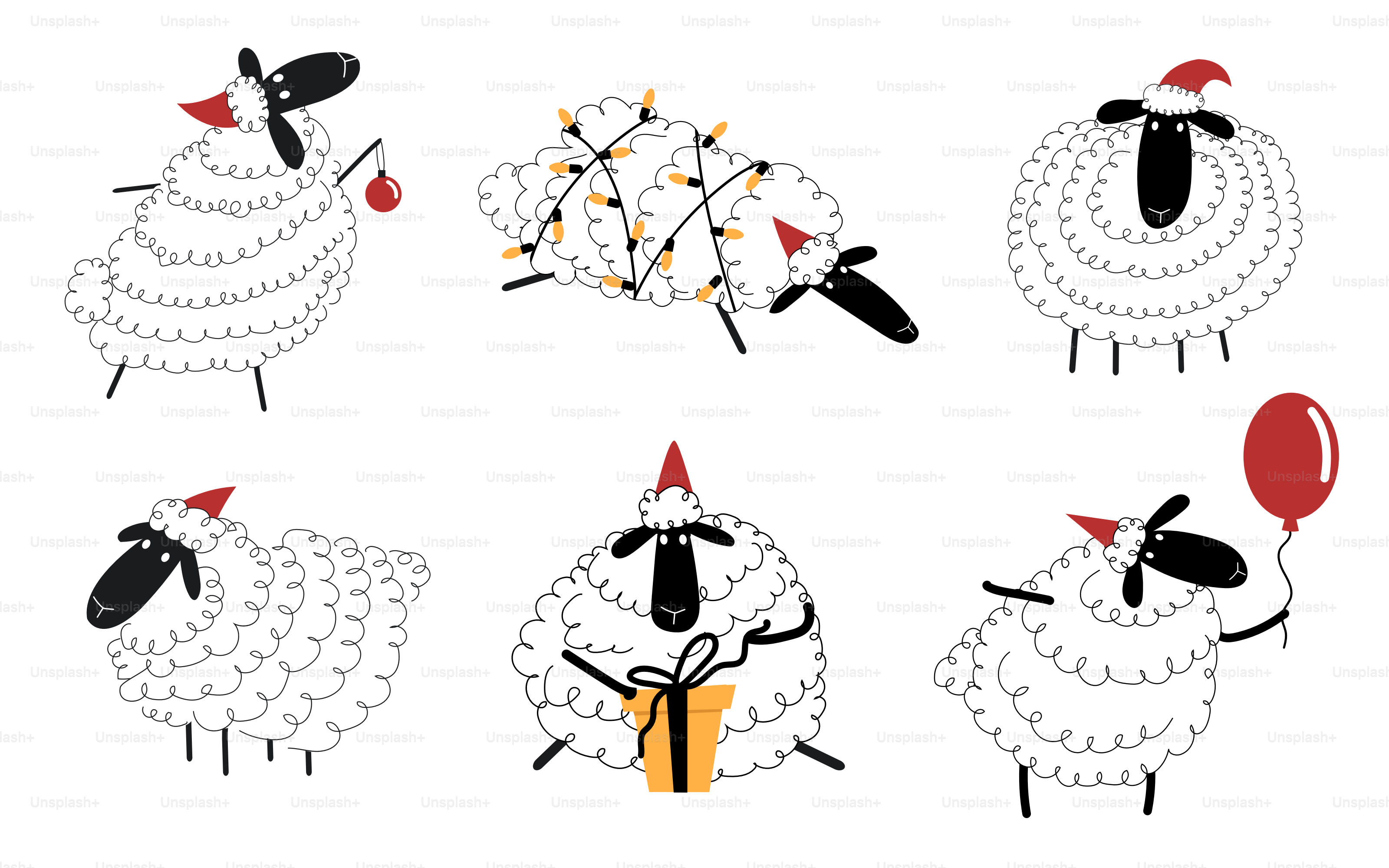 A set of cute doodle sheep celebrating Christmas. Winter Characters. Isolated on white.