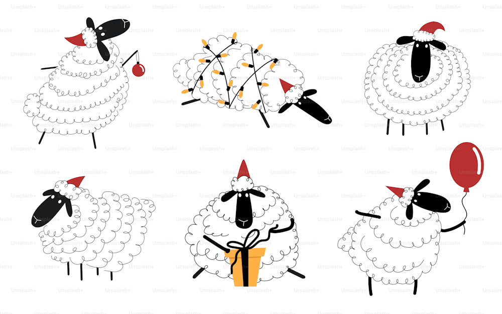 Un set di simpatiche pecore scarabocchiate che celebrano il Natale. Personaggi invernali. Isolato su bianco.